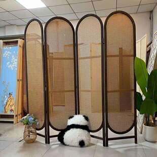 藤编实木客厅屏风直播房间办公室折叠移动遮挡中式玄关酒吧