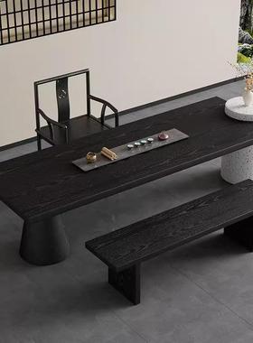 中古风黑色实木茶桌办公室泡茶桌茶台民宿仿石头桌脚设计师款茶桌