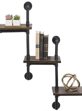 跨境砖供木壁梯浮动仿古黑色工业管道家用墙上支撑架多层置物架