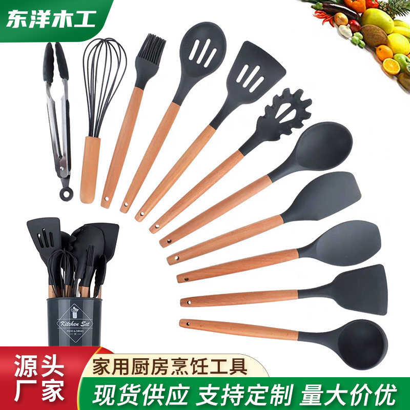 厂家现货亚马逊木柄厨具套装欧式不粘锅锅铲汤勺套装家用厨房烹饪