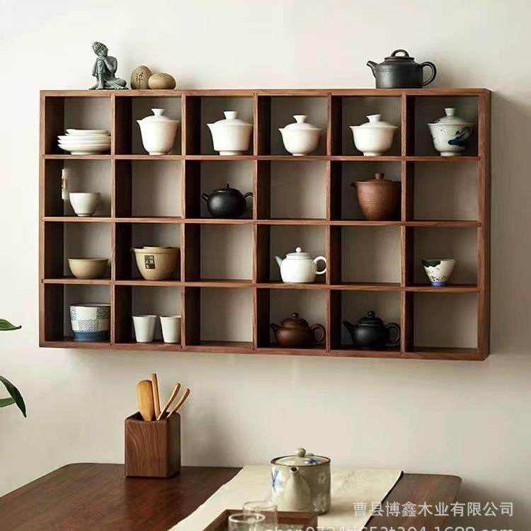 黑胡桃多格茶杯摆件收纳架壁挂式客厅茶具展示架实木方形博古架,收纳整理,书桌收纳置物架,淘宝优惠券,粉丝福利购,淘宝优惠卷