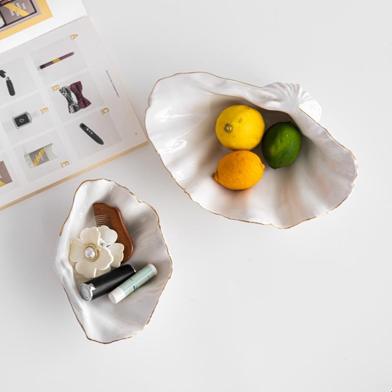 欧式金边贝壳盘陶瓷装饰摆件家庭公司水果糖果果盘轻奢风装饰盘