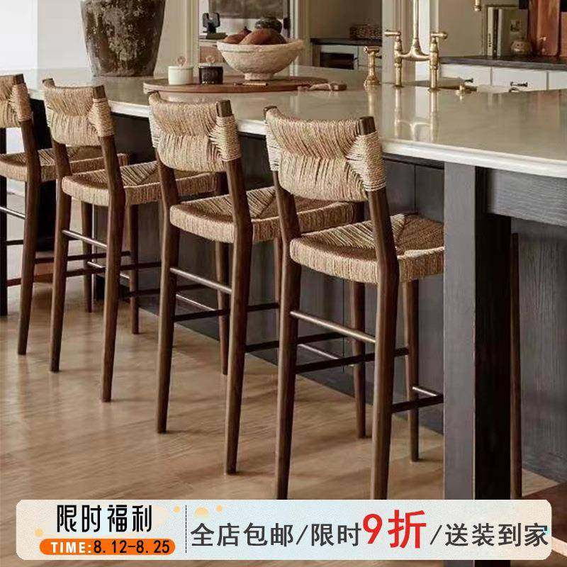 中古风实木餐椅家用吧椅设计师酒店民宿吧台椅一体厨房休闲高脚凳