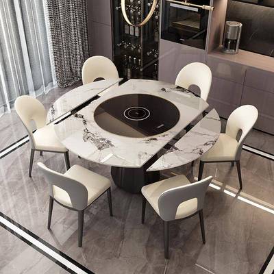 意式极简岩板餐桌可变圆桌轻奢天然超晶石带转盘别墅家用餐桌款