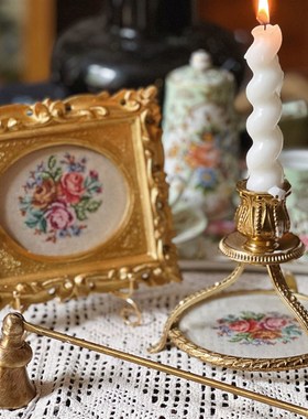 法式中古黄铜烛台手工装饰画欧式B桌面摆件家居复古支撑架婚房礼