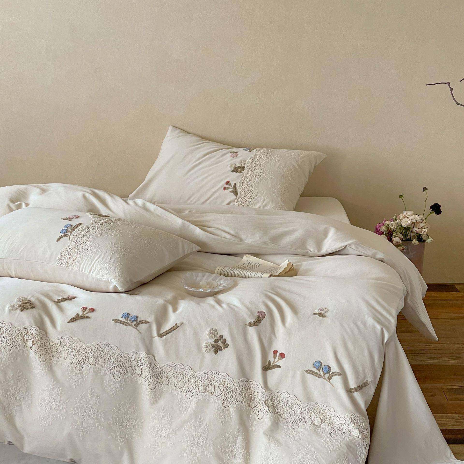 A类法式复古棉麻混纺毛巾刺绣四件套高端轻奢四季蕾丝双人被套