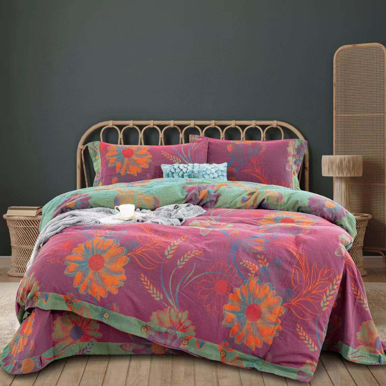 全棉色织双层纱四件套纯棉床单被套复古风秋冬季母婴级裸睡床套件