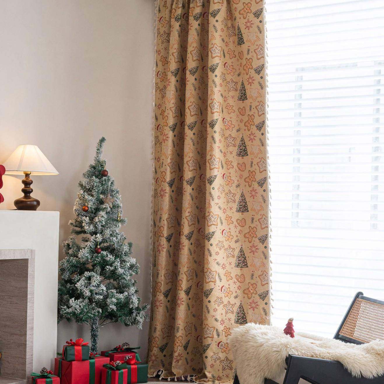 伊缦琪韵窗帘圣诞姜饼人提花圣诞树窗帘成品厨房帘飘窗半遮光