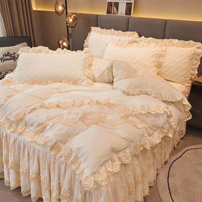 #新款纯色加厚宝宝绒保暖冬季蕾丝刺绣床裙家用1.5m1.8m床四