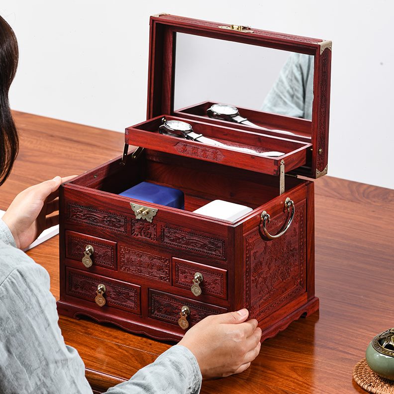 首饰盒梳妆盒古风紫檀收纳盒手饰带锁婚嫁非州雕花品红木实木中式