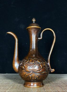 高器浮雕酒壶纯铜西域仿古桌面摆件复古酒壶壶铜酒壶牡丹收藏