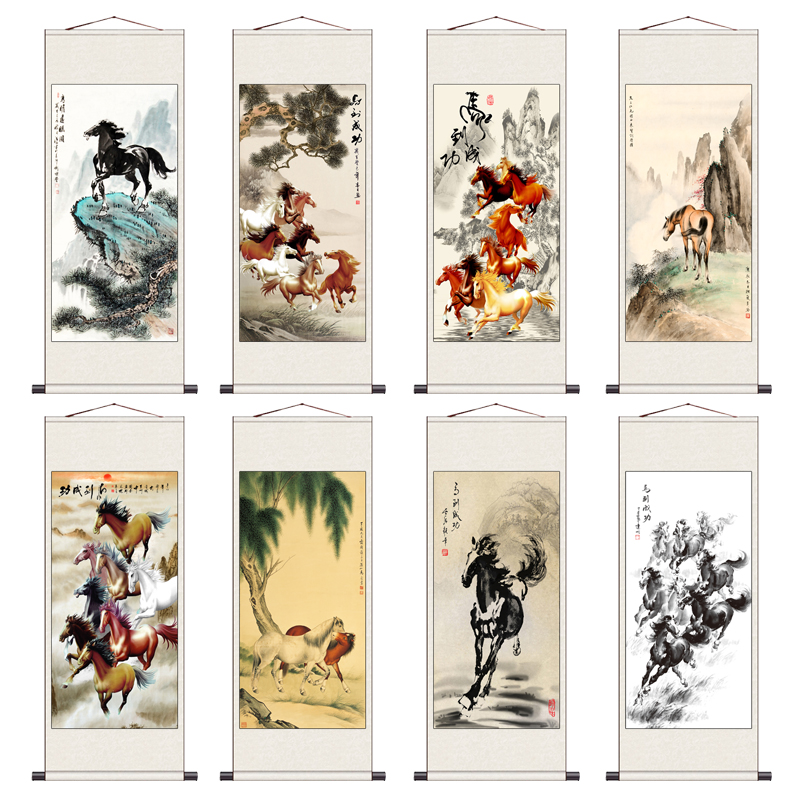八骏图马到成功国画丝绸卷轴x画吉祥玄关挂画新中式卷轴画条幅挂