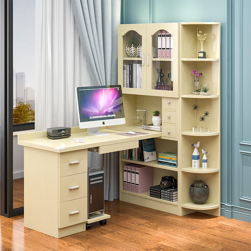 实木转角书桌书架组合家用简约电脑桌带书柜学生写字桌学习一体桌