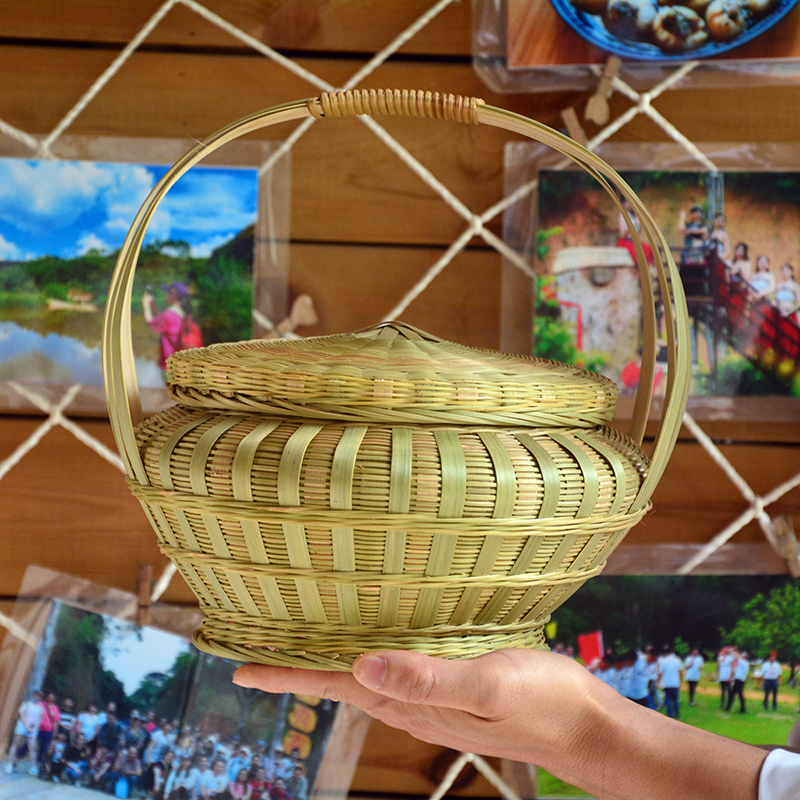 手提竹编带盖篮子纯手工编织圆形礼盒 家居收纳篮户外野餐糕点篮