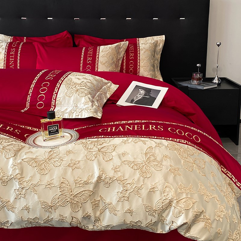 高档中式结婚四件套纯棉大红色床单被套婚嫁婚庆床上用品婚房喜被