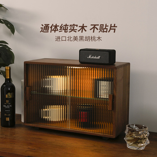 黑胡桃木桌面收纳盒储物柜木质防尘水杯茶具杯子实木餐边置物架