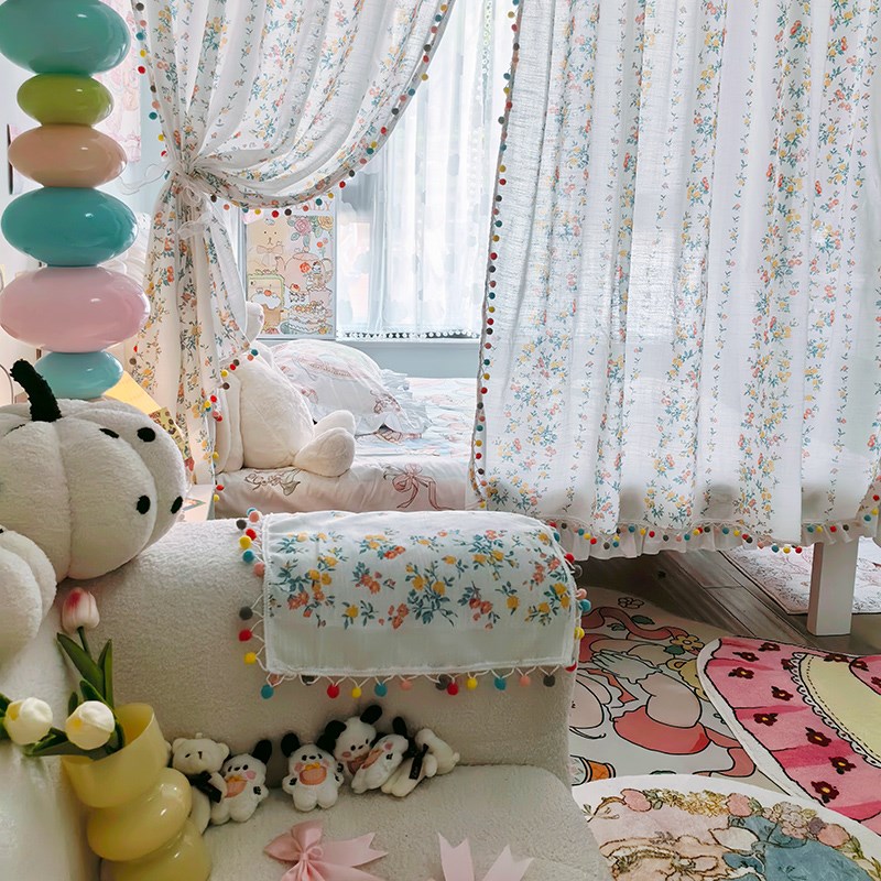 卧室床对门隔断碎花布艺窗帘法式屏风女孩门帘半遮光免打孔屏风