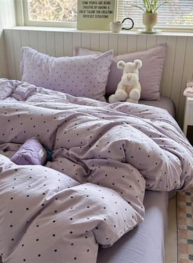 韩系少女风ins紫色小波点床上四件套水洗棉床单被套学生三件套1.8