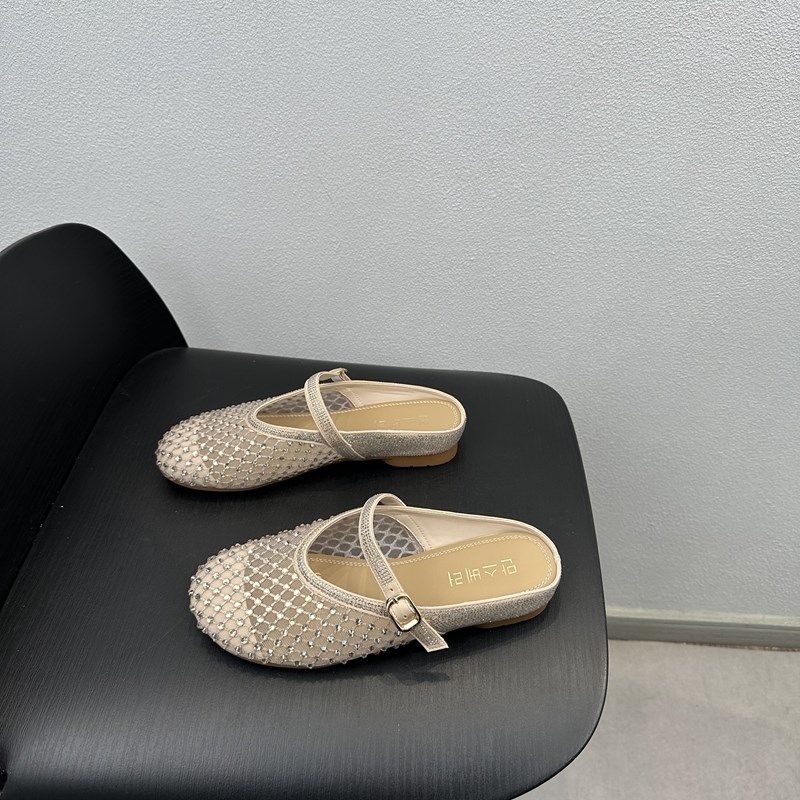 2025新款水钻一字带包头半拖鞋懒人网布透气平底凉拖鞋女鞋外穿,女鞋,包头拖,淘宝优惠券,粉丝福利购,淘宝优惠卷