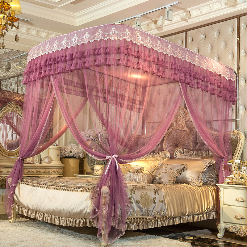 新款U型伸缩蚊帐家用夏天落地支架加密加厚公主宫廷床幔方便拆洗