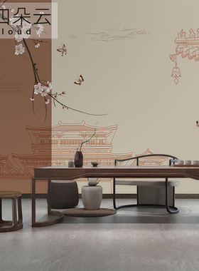 中式宫廷阁楼定制壁画沙发书房环保装修电视背景墙壁纸2W021年新