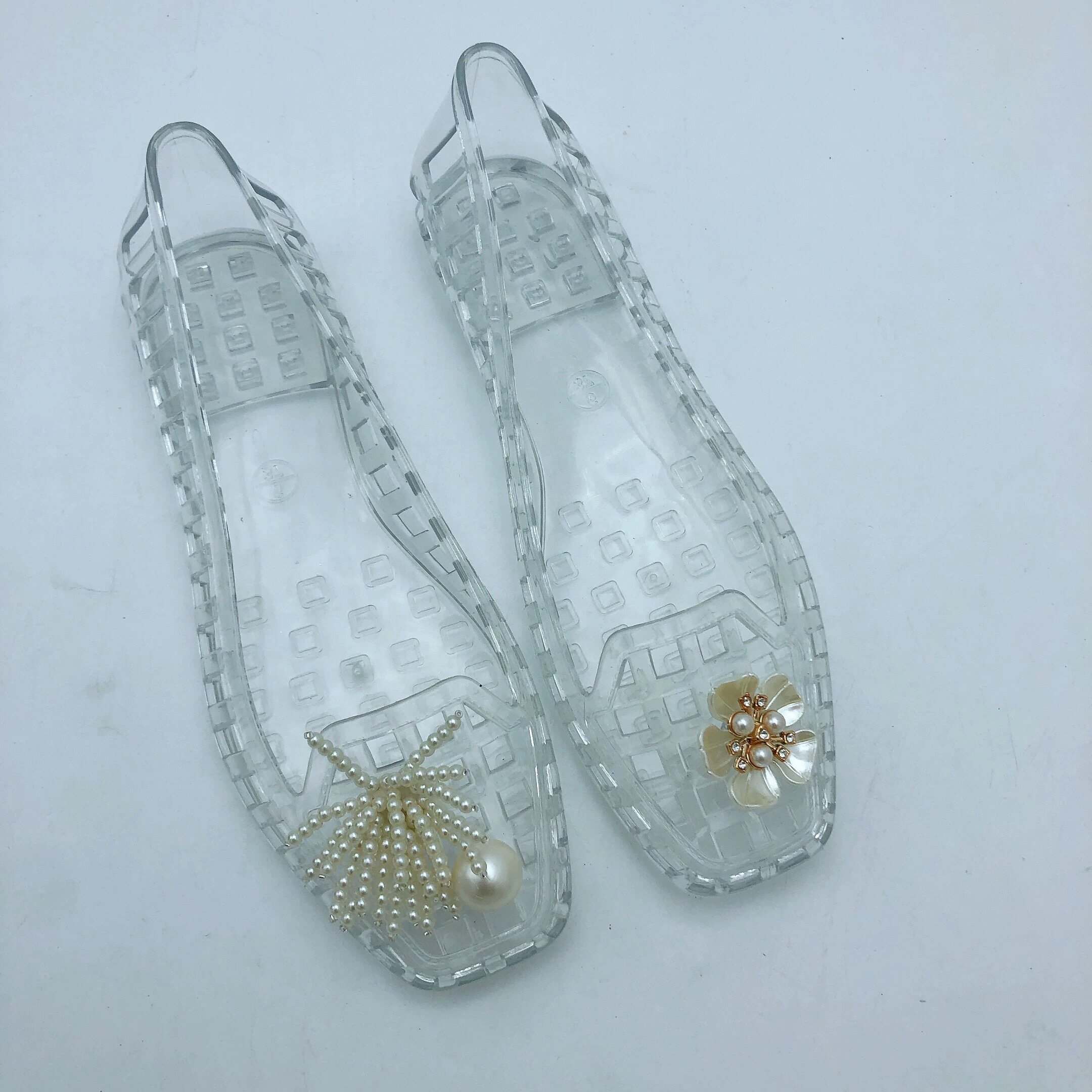 夏季新款凉鞋女包头软胶透气网面浅口透明镂空平底单鞋女彩色珠花