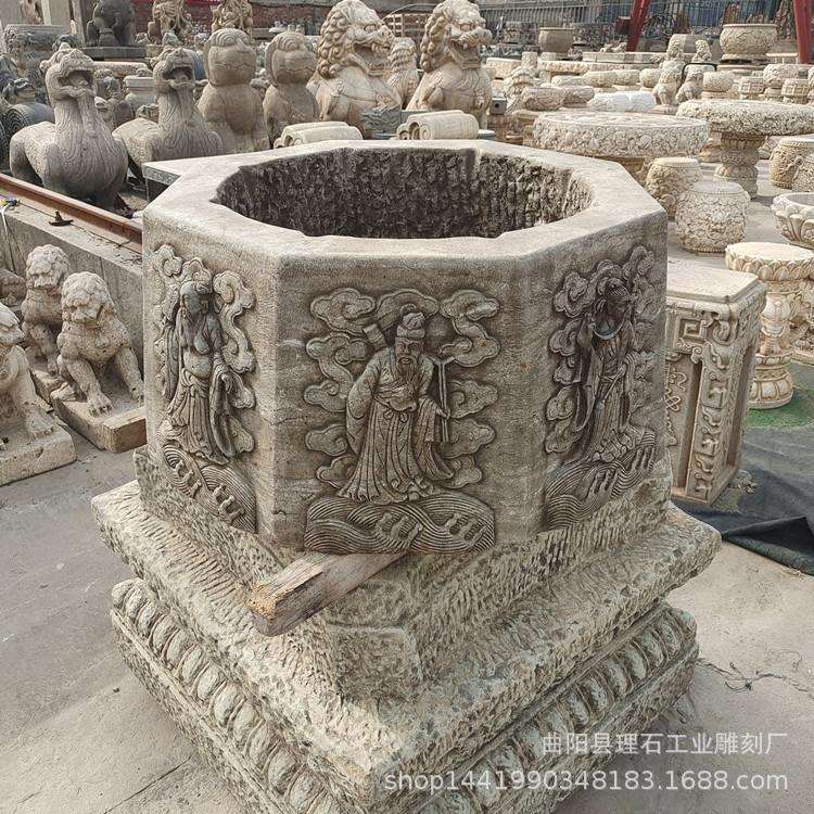 石雕井口汉白玉做旧井圈八仙浮雕图案仿古井台庭院景区装饰摆件