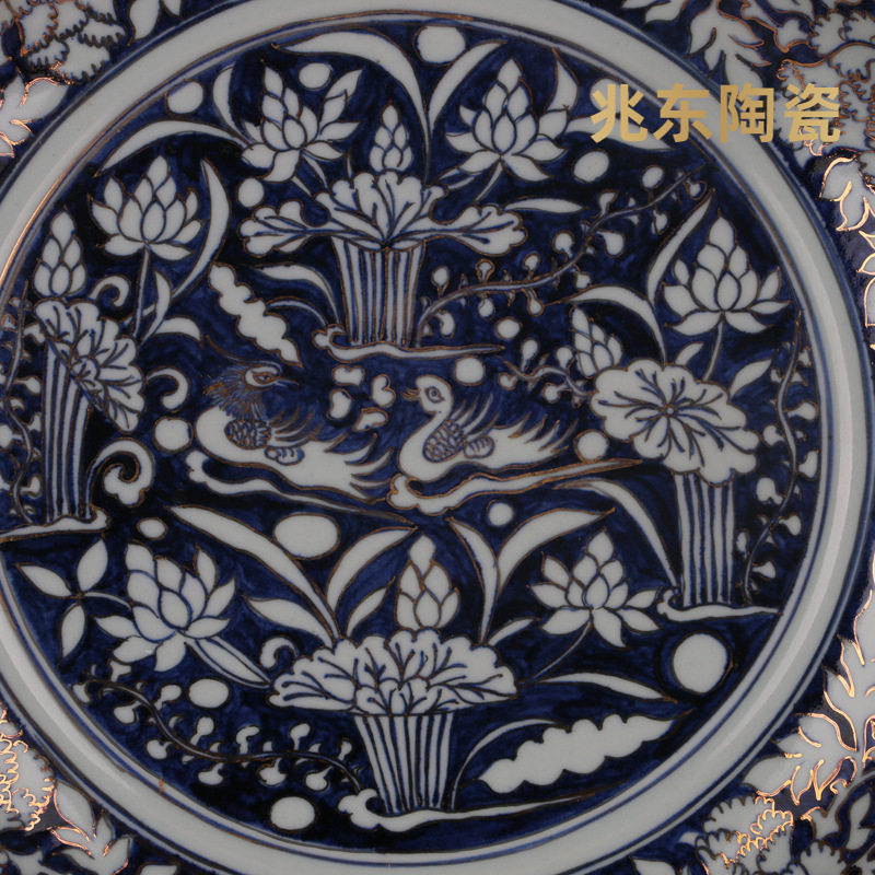 元青花龙凤描金花边盘子仿元代出土旧货瓷器古玩古董摆件青花瓷
