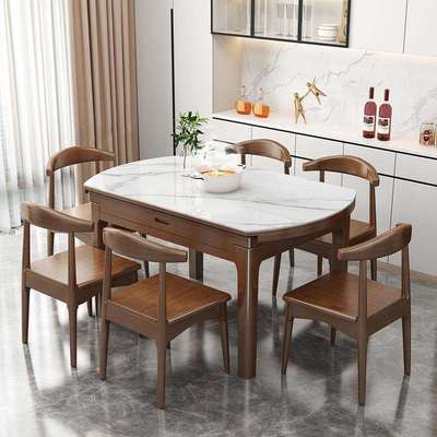 岩板实木餐桌家用小户型带电磁炉可变圆桌方圆两用可伸缩现代简约