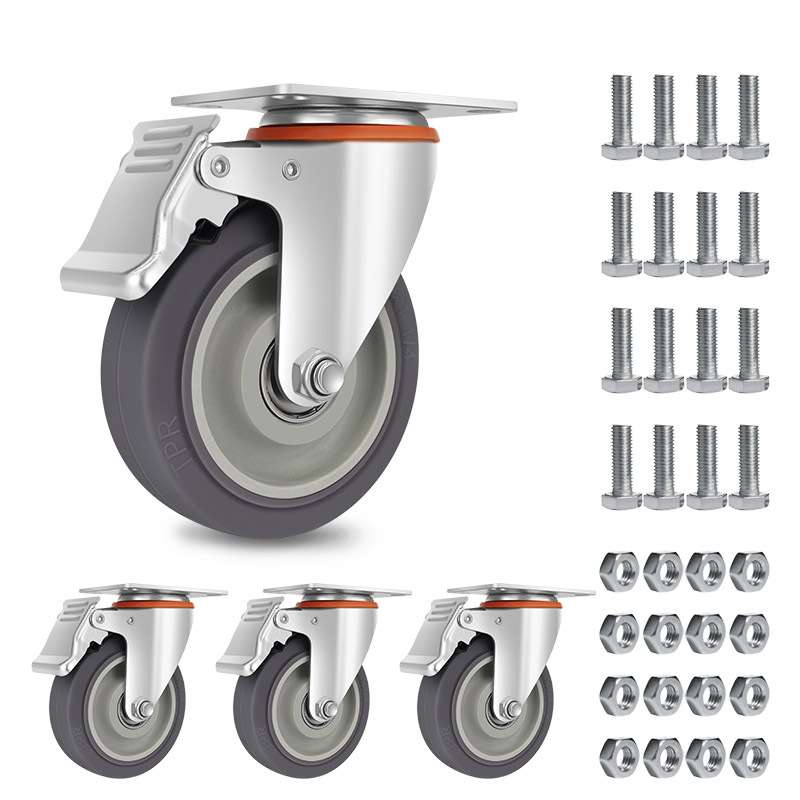 中型灰色TPR脚轮静音耐磨万向轮带刹车工业轮子手推车脚轮套装