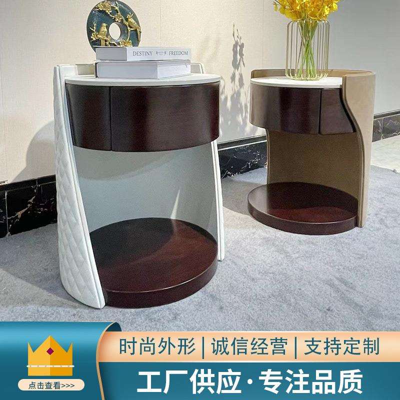 意式床头柜胡桃木色圆创意新中式床柜圆形床边几实木材质柜子