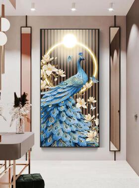 现代轻奢玄关LED灯带装饰画孔雀呈祥好寓意走廊过道壁画入户挂画