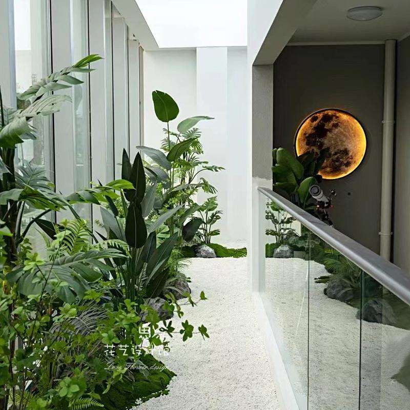 仿真植物造景公司通道入口玻璃窗过道花艺软装简约设计感绿植