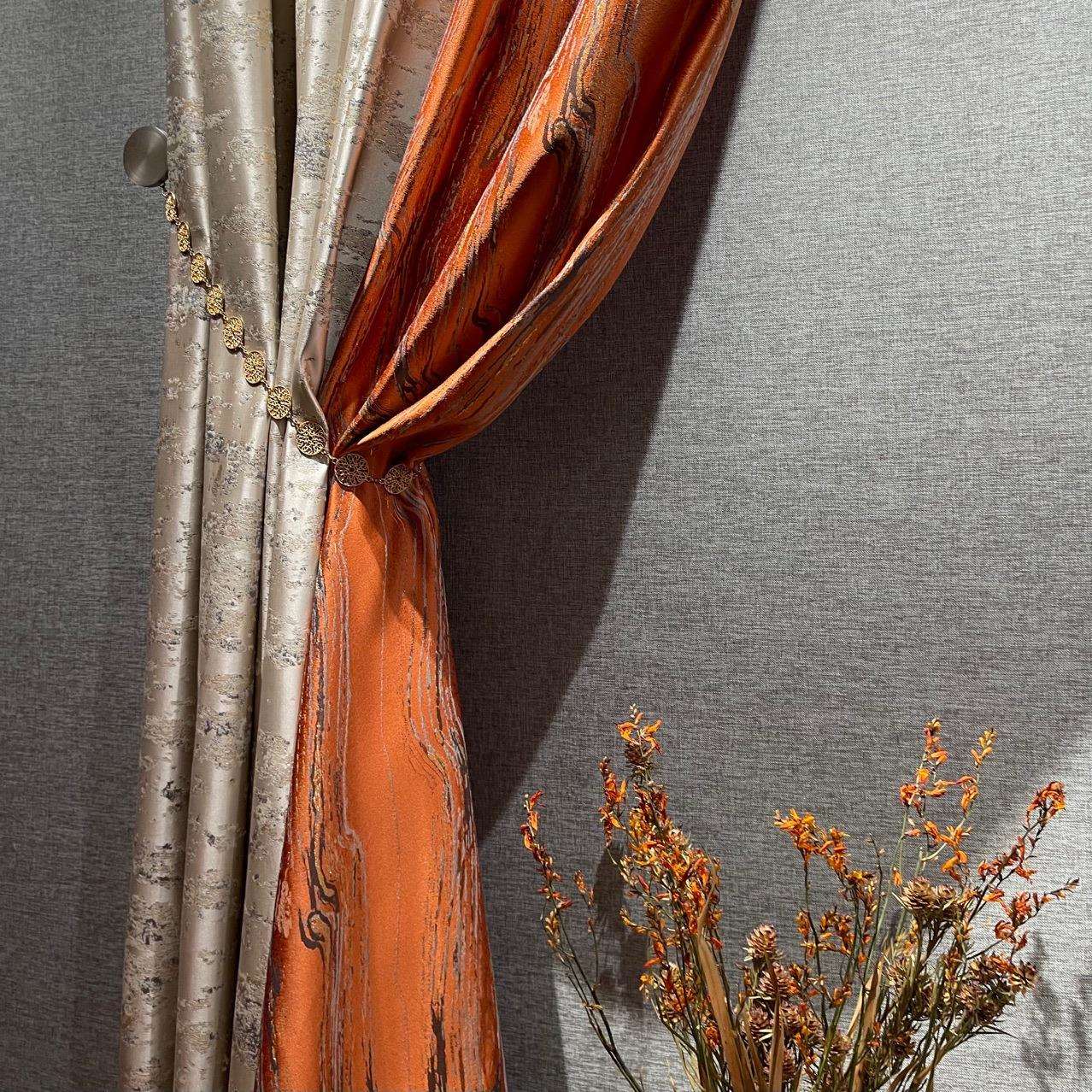 厂家2021新款外贸高精密橘色拼接金丝线提花橙色成品窗帘轻奢客厅