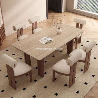 实木长方形餐桌椅组合石复古设计师法式中古拱门家用岩板饭桌风洞