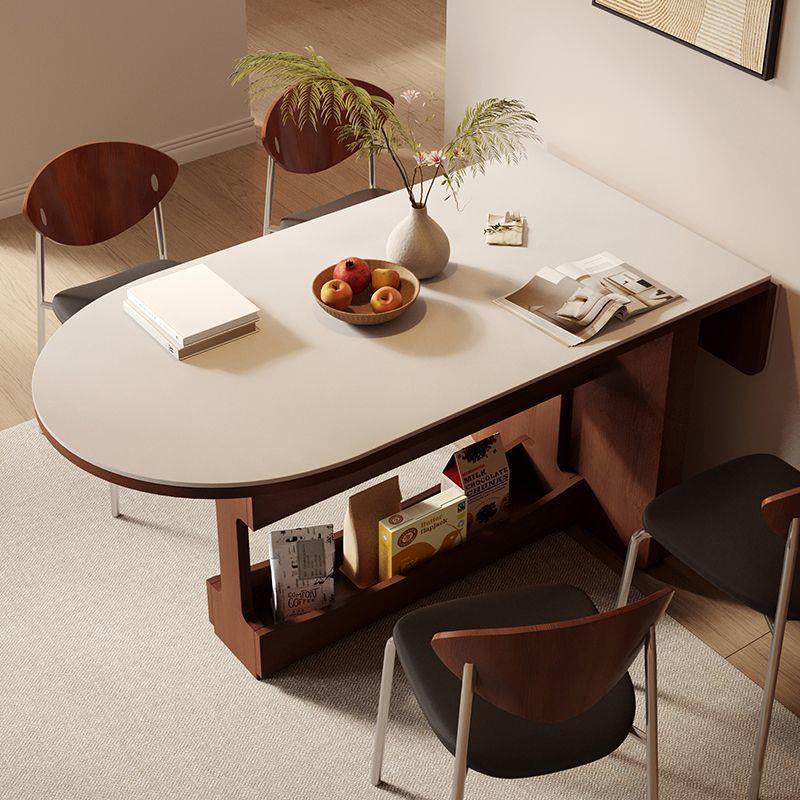 中古风折叠餐桌小户型家用客厅可折叠伸缩岩板饭桌实木复古半椭圆