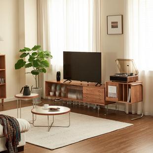 北欧实木电视柜 家用客厅不锈钢收纳储物柜小户型复古原木视听柜