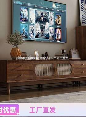 实木复古藤编电视柜茶几组合 小户型新款简约客厅家用储物收纳柜