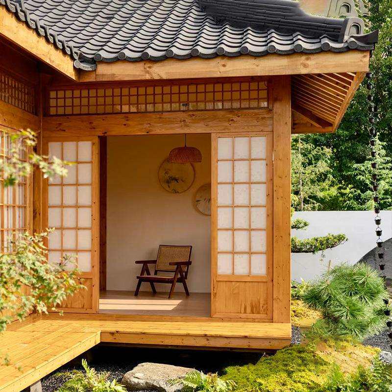 日式小木屋别墅民宿庭院造景木屋室外防腐木木房子户外茅草屋田园