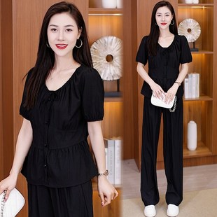 夏季时尚休闲套装女2025今年流行新款小个子洋气减龄阔腿裤两件套