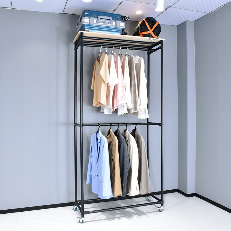 组装式衣柜金属衣架移动双层挂衣架加厚全钢简易衣橱实木板置物架