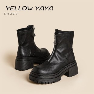 前拉链马丁靴女英伦风2024年秋季 潮ins酷炸街软厚底机车短靴 新款
