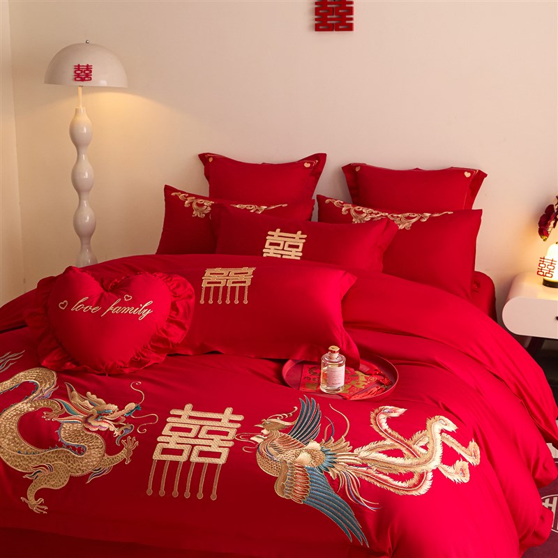 高档160支长绒棉婚庆全棉四件套大红色龙凤刺绣结婚喜被床上用品4