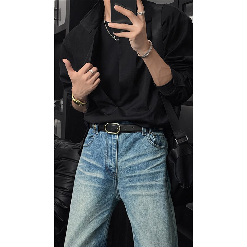 龙叨叨夏季新款潮流双层假两件设计小众圆领T恤百搭宽松长袖衬衫