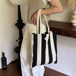 包包女单肩帆布包条纹方形大v容量购物袋简约百搭韩版小清新布袋
