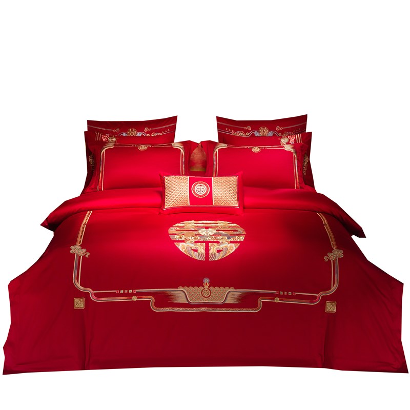 喜事高端奢华全棉婚庆四件套新婚庆大红刺绣被套喜被陪嫁床上用品