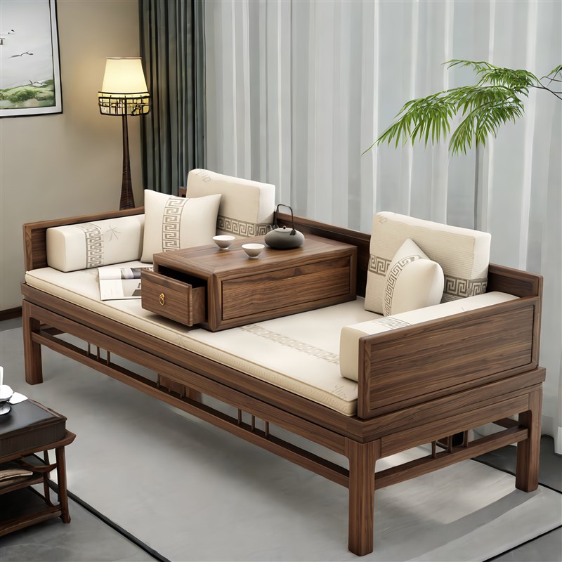 实木沙发组合客厅小户新中式罗汉床型禅意贵妃R榻老榆木推拉伸缩