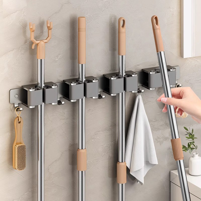 壁挂免打孔拖把夹挂钩卫生间收纳粘钩厕所扫O把挂架强力胶拖布碳