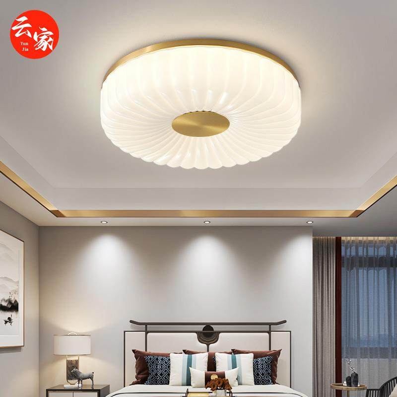 全光谱奶油风全铜吸顶灯卧室灯布丁阳台玄关过道书房中古玻璃灯饰