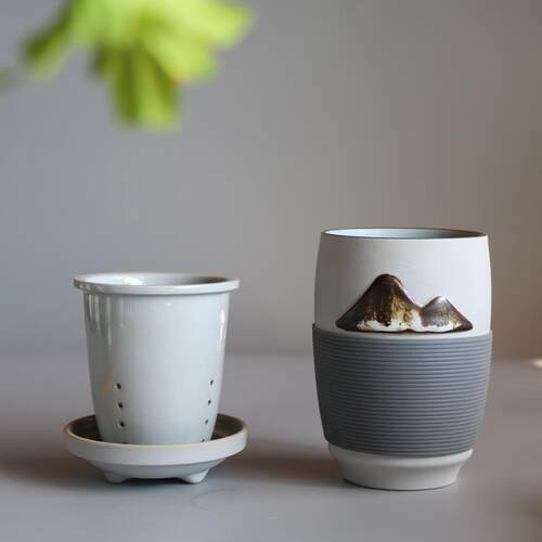 粗陶茶杯带盖花茶普洱过滤杯办公三件杯复古怀旧300毫升